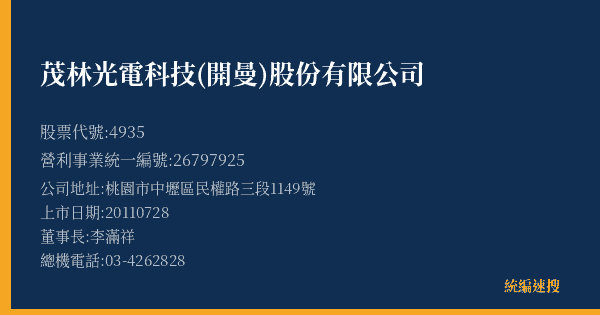 茂林光電科技(開曼)股份有限公司 股票代號 4935 統編 26797925 上市公司基本資料圖