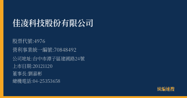 佳凌科技股份有限公司 股票代號 4976 統編 70848492 上市公司基本資料圖