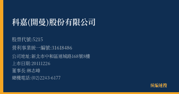 科嘉(開曼)股份有限公司 股票代號 5215 統編 31618486 上市公司基本資料圖