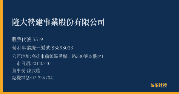 隆大營建事業股份有限公司 股票代號 5519 統編 85898033 上市公司基本資料圖