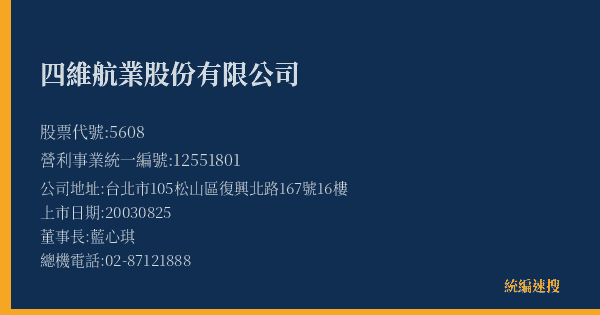 四維航業股份有限公司 股票代號 5608 統編 12551801 上市公司基本資料圖