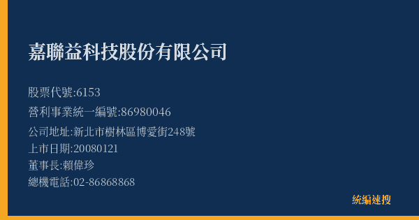 嘉聯益科技股份有限公司 股票代號 6153 統編 86980046 上市公司基本資料圖