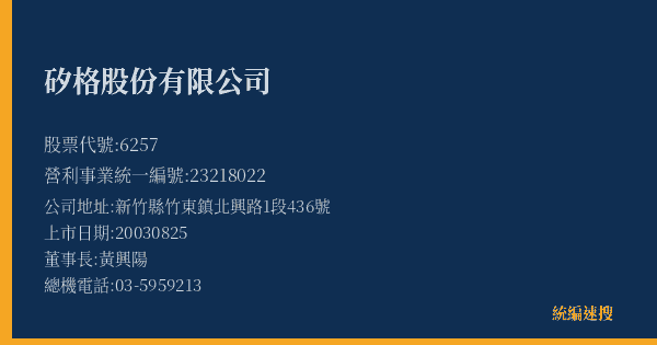 矽格股份有限公司 股票代號 6257 統編 23218022 上市公司基本資料圖