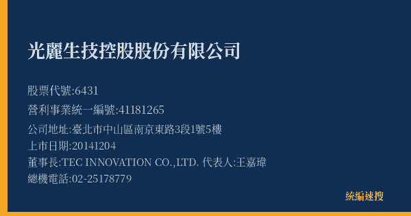 光麗生技控股股份有限公司 股票代號 6431 統編 41181265 上市公司基本資料圖