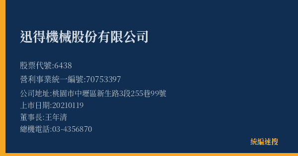迅得機械股份有限公司 股票代號 6438 統編 70753397 上市公司基本資料圖