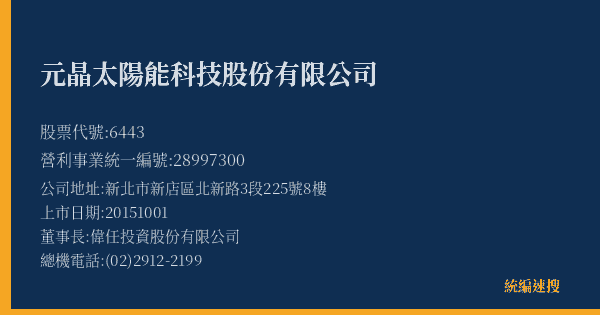 元晶太陽能科技股份有限公司 股票代號 6443 統編 28997300 上市公司基本資料圖