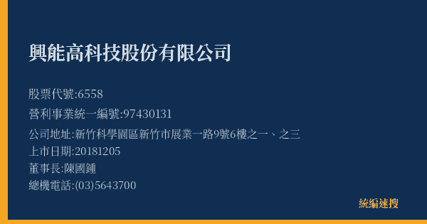 興能高科技股份有限公司 股票代號 6558 統編 97430131 上市公司基本資料圖
