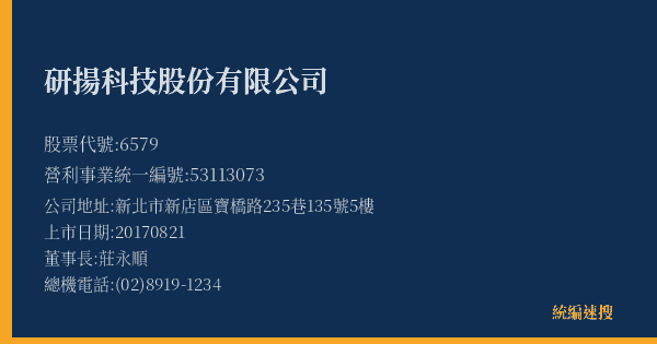 研揚科技股份有限公司 股票代號 6579 統編 53113073 上市公司基本資料圖