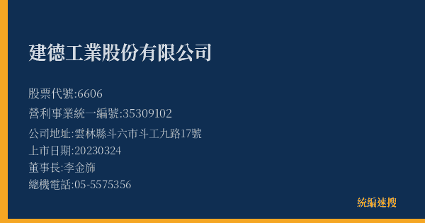 建德工業股份有限公司 股票代號 6606 統編 35309102 上市公司基本資料圖