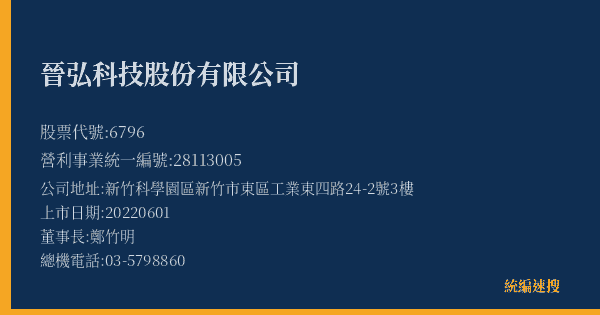 晉弘科技股份有限公司 股票代號 6796 統編 28113005 上市公司基本資料圖