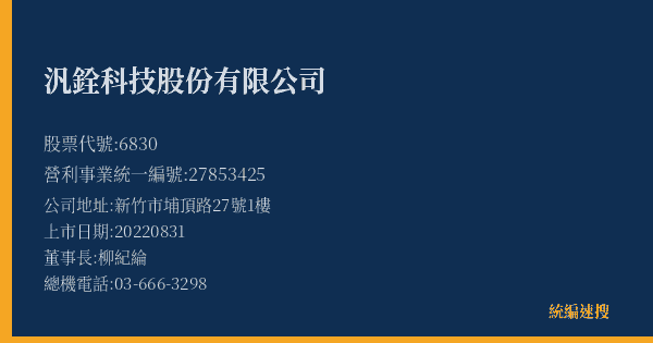 汎銓科技股份有限公司 股票代號 6830 統編 27853425 上市公司基本資料圖