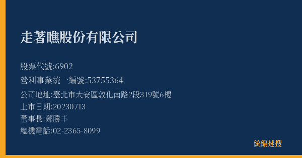 走著瞧股份有限公司 股票代號 6902 統編 53755364 上市公司基本資料圖
