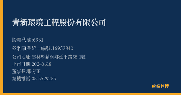青新環境工程股份有限公司 股票代號 6951 統編 16952840 上市公司基本資料圖