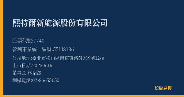 熙特爾新能源股份有限公司 股票代號 7740 統編 55118186 上市公司基本資料圖