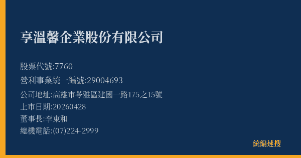 享溫馨企業股份有限公司 股票代號 7760 統編 29004693 上市公司基本資料圖