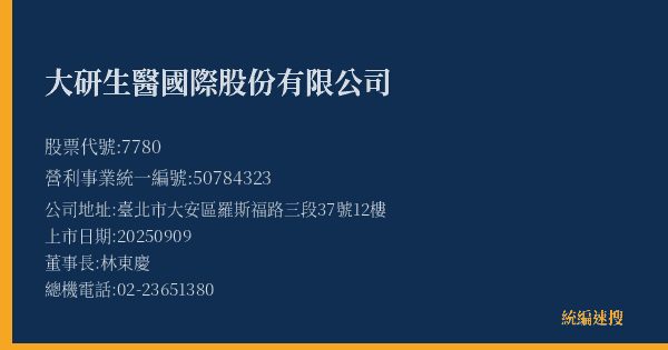 大研生醫國際股份有限公司 股票代號 7780 統編 50784323 上市公司基本資料圖