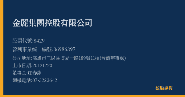 金麗集團控股有限公司 股票代號 8429 統編 36986397 上市公司基本資料圖