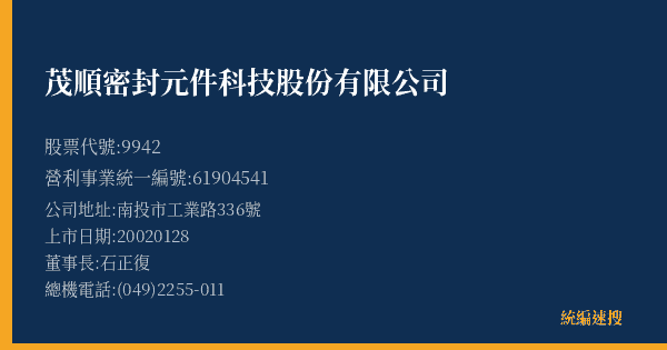 茂順密封元件科技股份有限公司 股票代號 9942 統編 61904541 上市公司基本資料圖