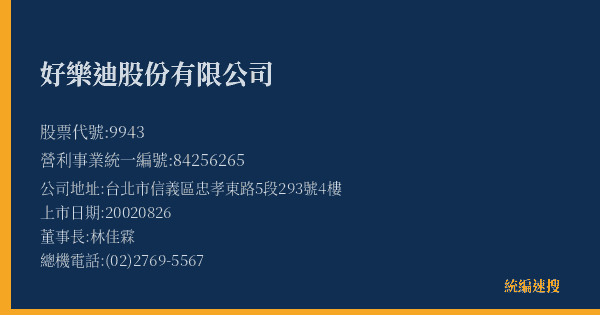 好樂迪股份有限公司 股票代號 9943 統編 84256265 上市公司基本資料圖